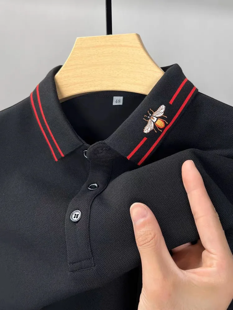 High end silk cotton polo shirt short sleeved cool feeling men's top 2024 summer brand bee print breathable casual lapel T-shirt