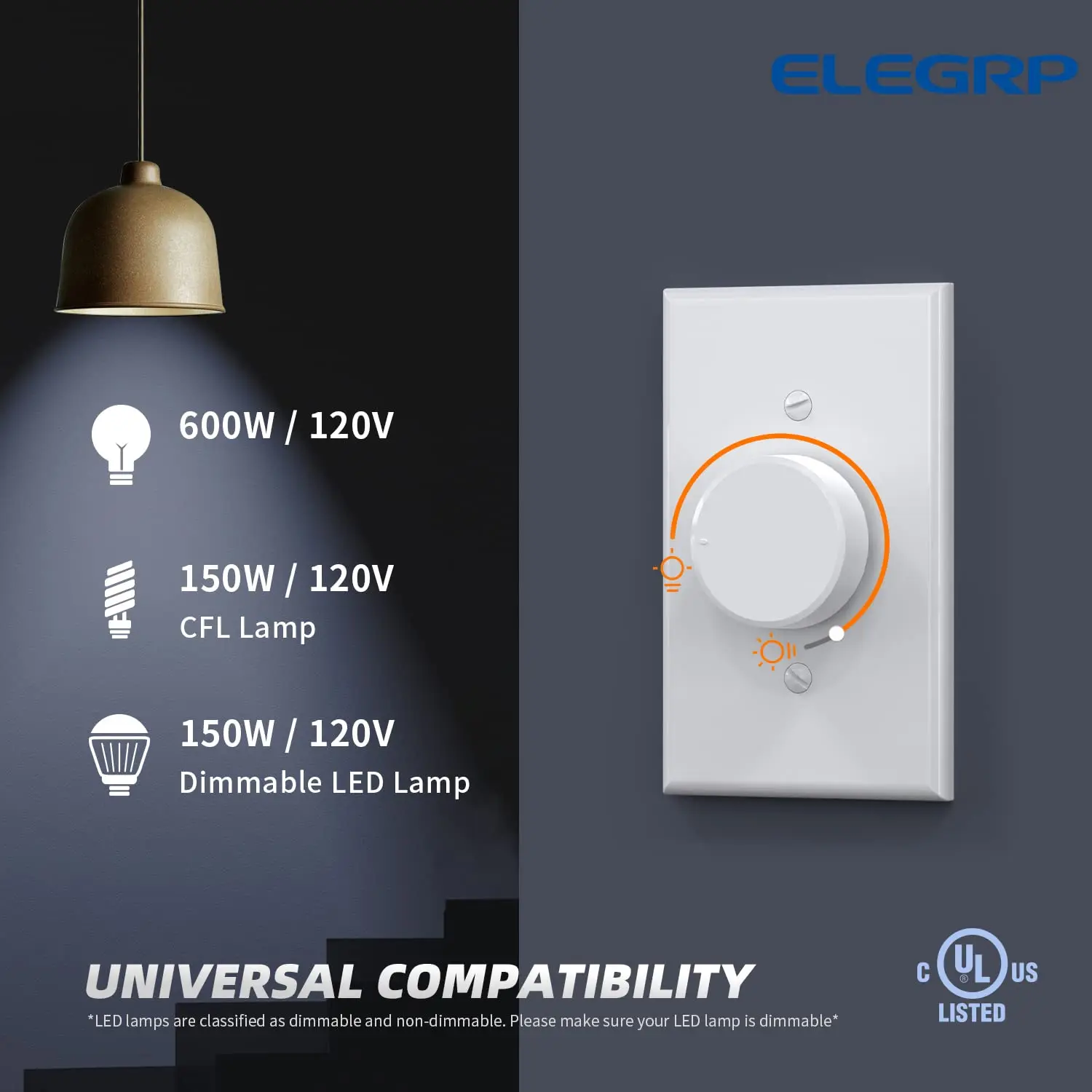 For dimmable LED, CFL and incandescent bulbs, unipolar / 3-way rotary dimmer switches, including wall panels, UL certified