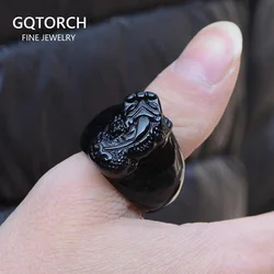 Natural Black Obsidian Stone Ring Carving Brave Troops Mysterious Animal Mens Ring Size 10 12 New Arrivals 2017 Aneis