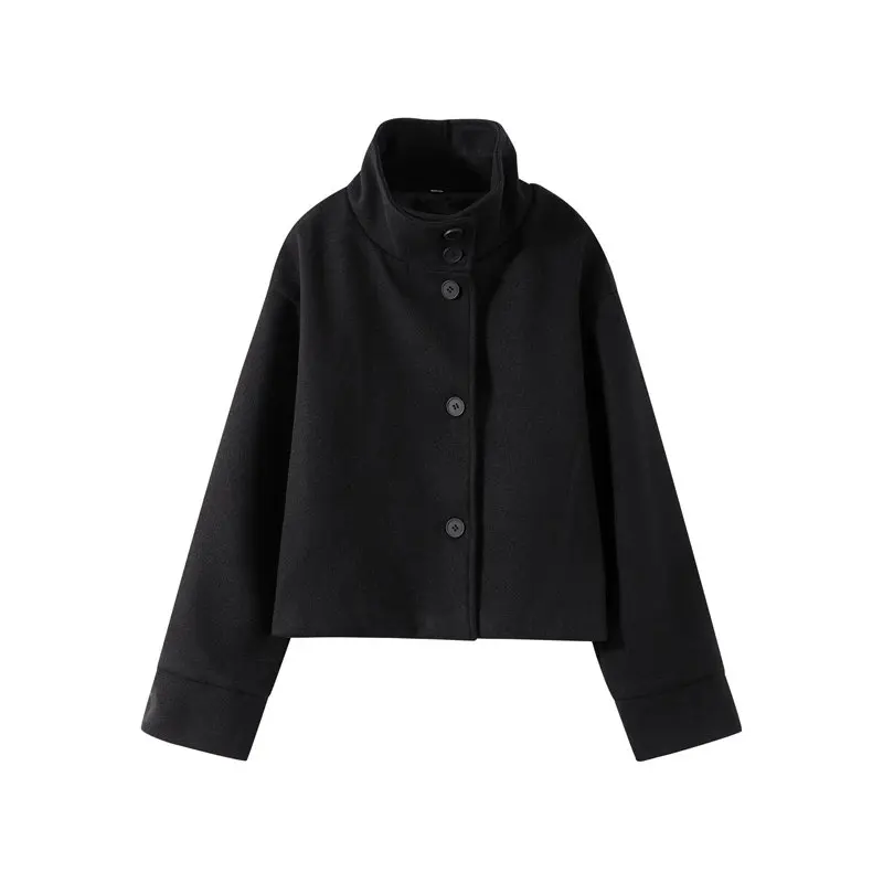 Dunkelblaue Wolljacke für Damen, 2025, Frühling, einreihig, Stehkragen, lockerer weiblicher Mantel, Bürodame, Straße, kurze Oberbekleidung, Tops – Detail 4