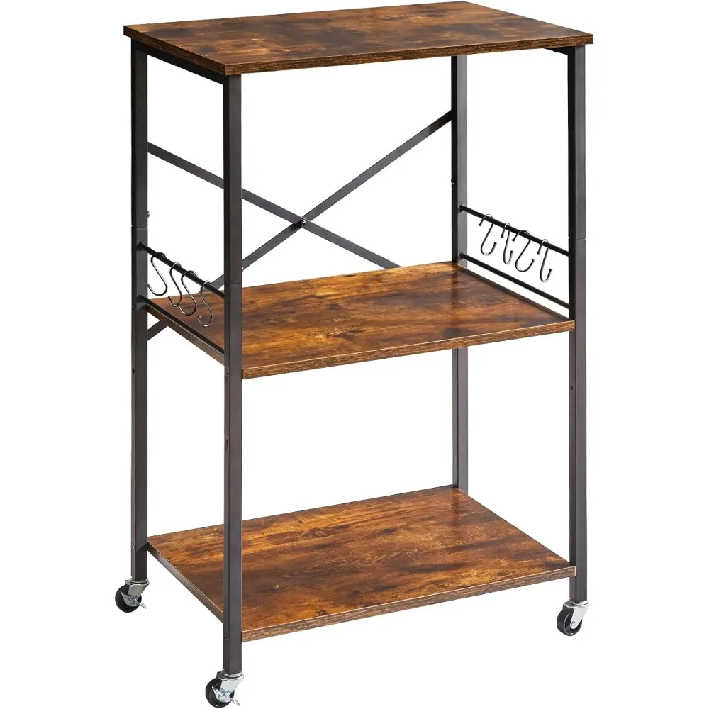 IBUYKE Carro con estante de cocina, soporte para horno microondas de 3 niveles, estante para panadero con marco de metal y 8 ganchos, soporte para impresora industrial, Uti