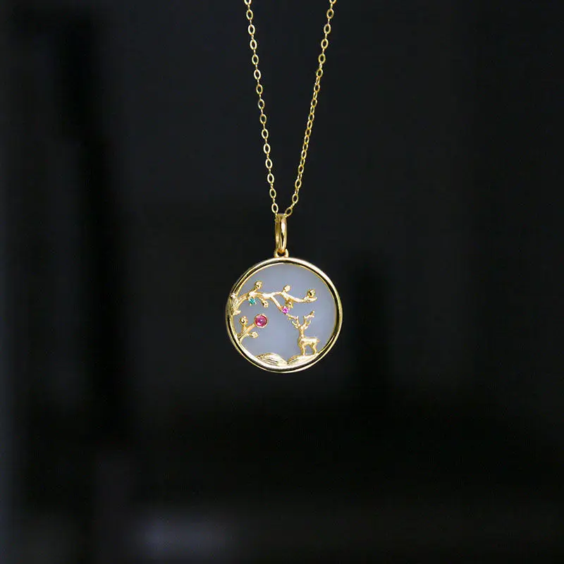 Ancient gold craftsmanship inlaid sika deer natural Hetian jade double-sided wear necklace pendant Chinese style ladies jewelry