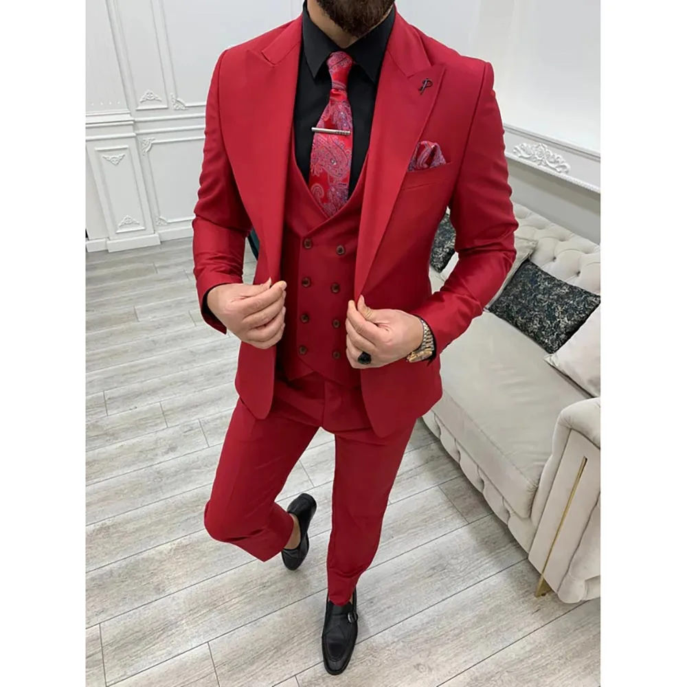 Slim Fit Men Suits Solid Color Single Breasted Peak Lapel Regular Length Luxury 3 Piece Jacket Pants Vest Outfit Office Full Set