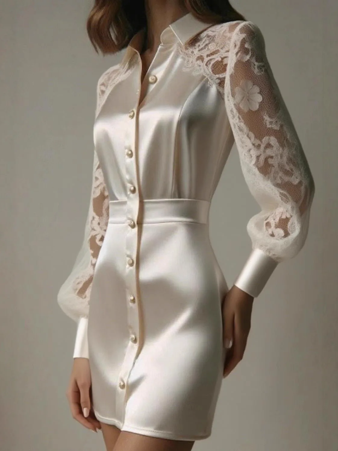 

HZXVic Women's Beige Lace Patchwork Satin Shirt Dress with Waist Cinching Button up Short Skirt Intellectual Commuting Lapel