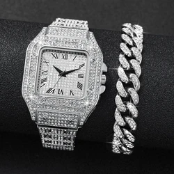 2PCS/Set Unisex Watch Fashion Diamond Men Watches Silver Stainless Steel Band Women's Quartz Watch Bracelet Set