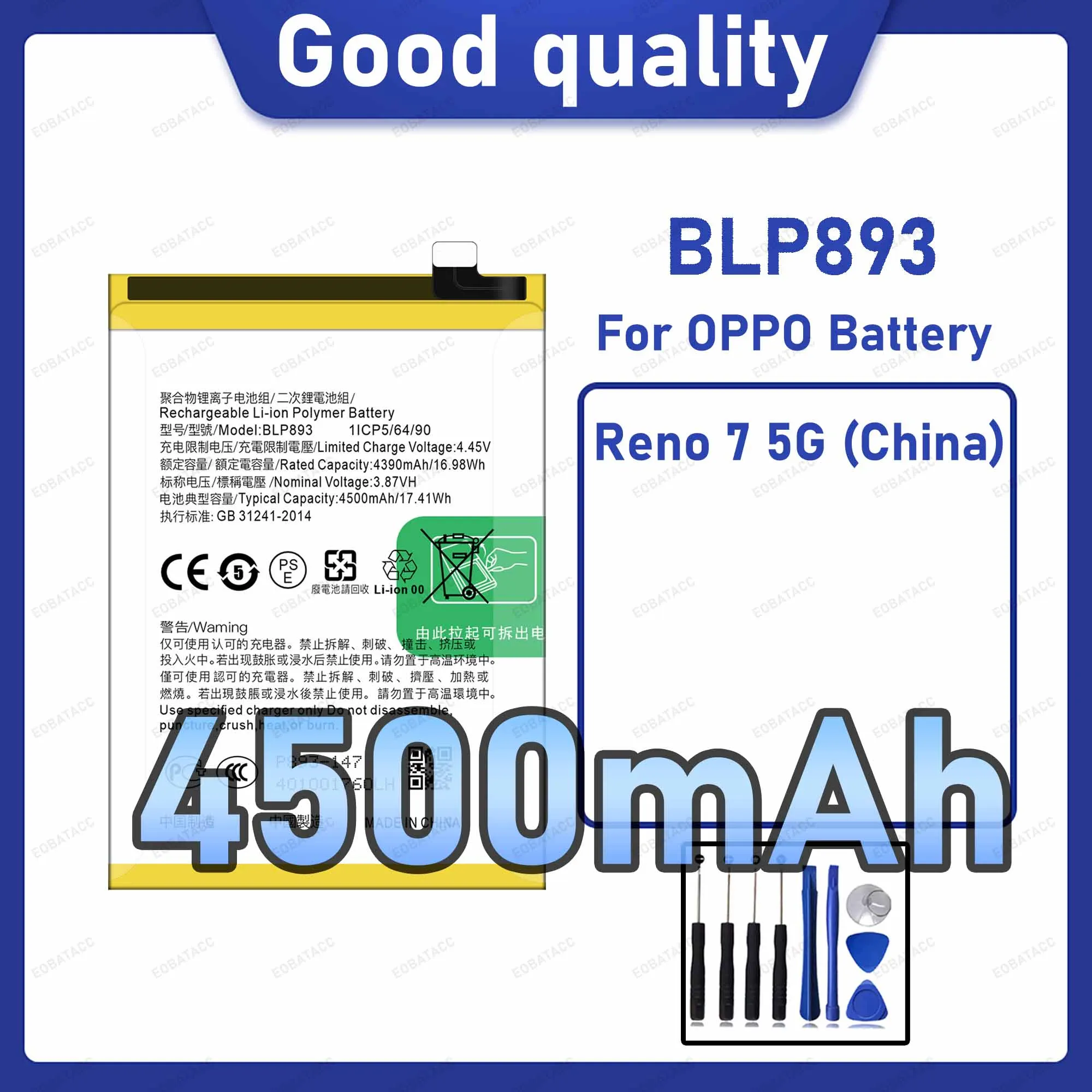 4500mAh BLP893 Replacement Battery for OPPO Reno 7 5G (China) with Repair Tools Kit