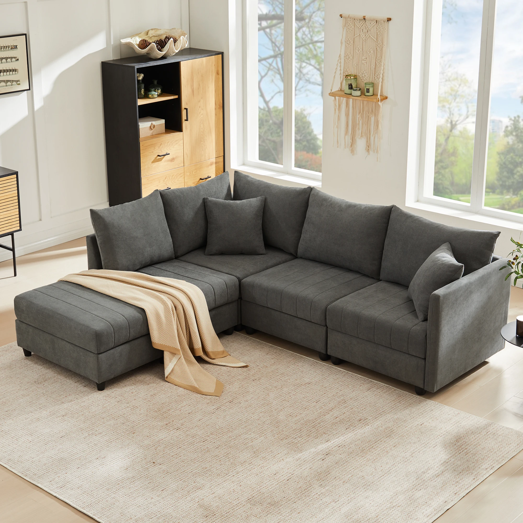 Canapé modulaire 5 places avec pouf convertible, canapé d'angle en L ou U, design ergonomique, tissu gris 220 × 194 × 85 cm