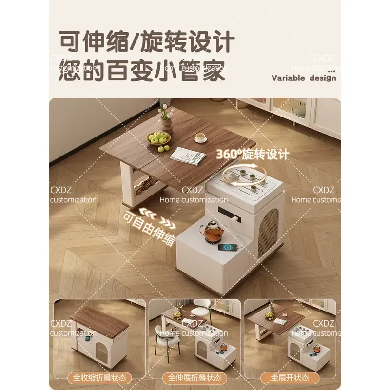 Movable Retractable Coffee Table Dining Table 2 in 1 Multi Functional Household Integrated Island Rotating Tea Table Solid