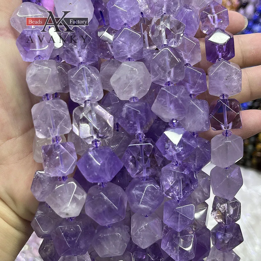 Natural Crystal Amethyst Handmade Faceted Irregular Cube Loose Beads Stone For DIY Jewelry Making Bracelet Necklace 15“ 12-13mm