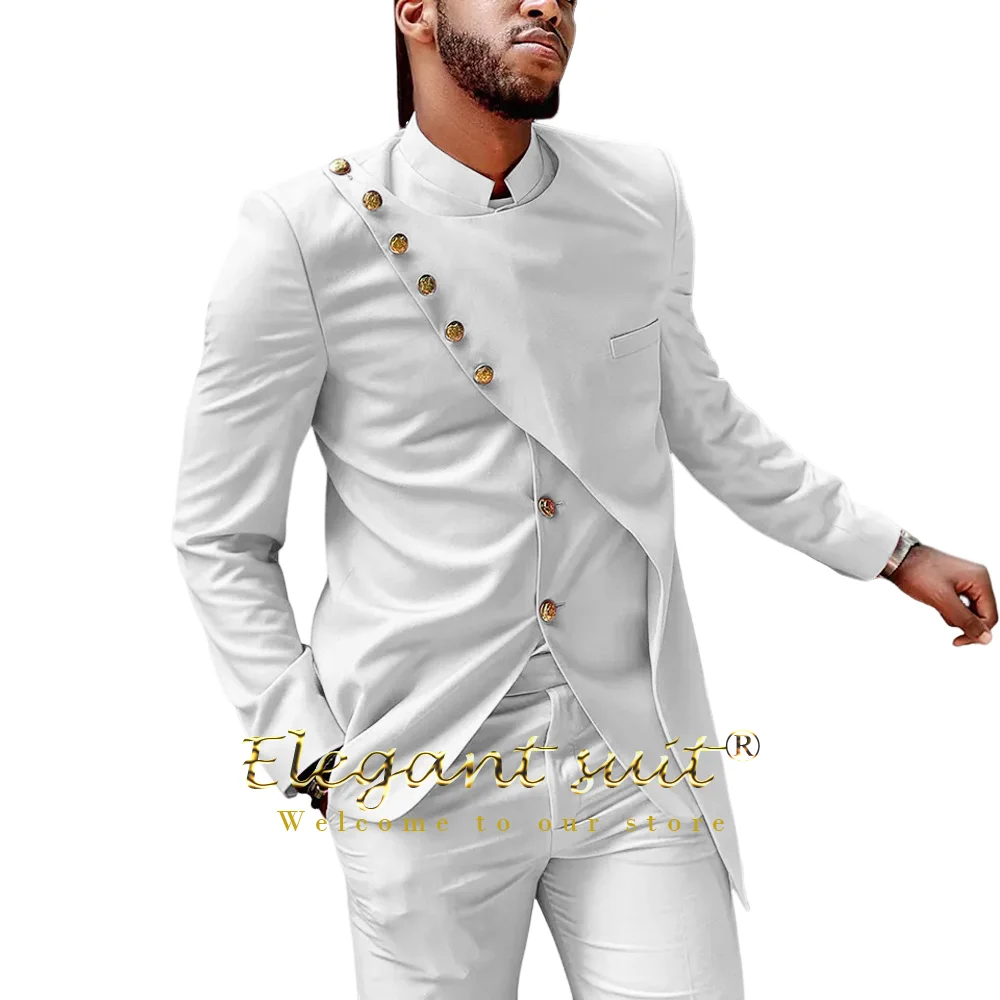 Men\'s fashion single-breasted gold button 2-piece suit, African style stand collar custom elegant men\'s casual wear