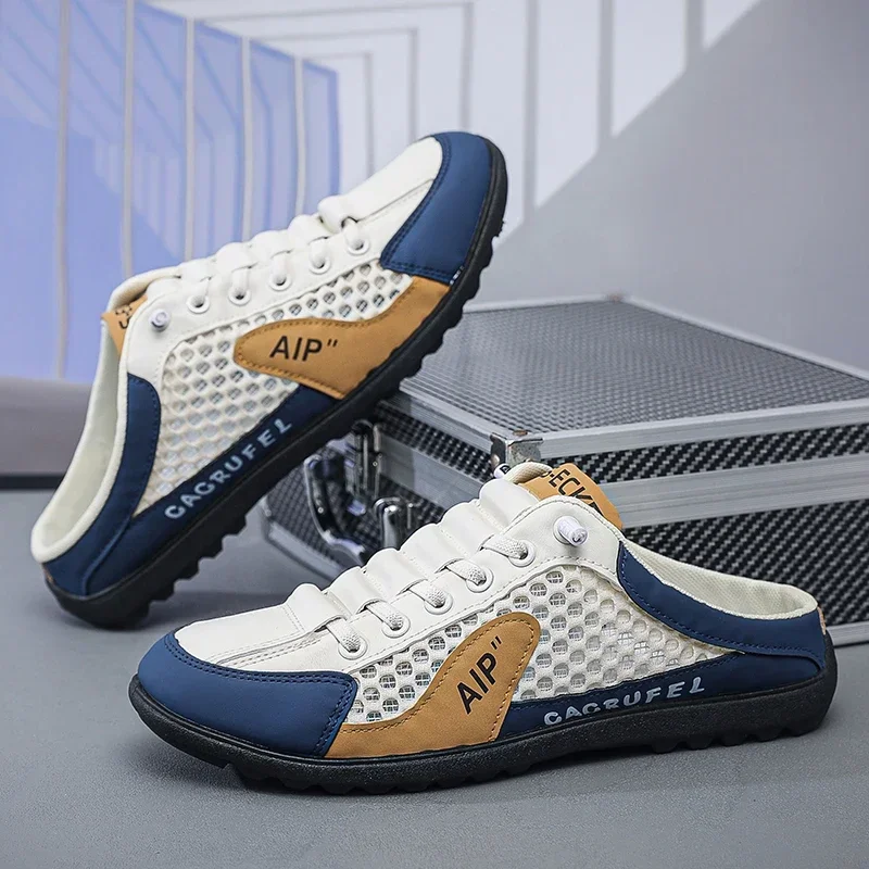 Men's Summer Breathable Mesh Slippers Casual Anti-Odor Half Slip-On Soft Bottom Trendy Shoes Comfortable Rubber Sole Slippers