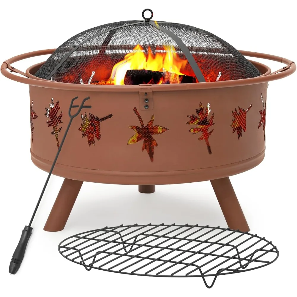 Pozo de fuego de 32 pulgadas para exteriores, gran leña, patrón de hojas, cuenco de hierro, estufa, chimenea redonda para acampar al aire libre