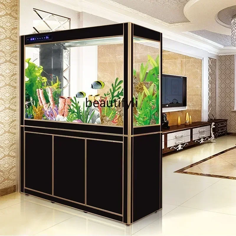 qw Large Glass Fish Tank Rectangular Living Room Floor Mute Aquarium Screen Ecological Change Waterqw
