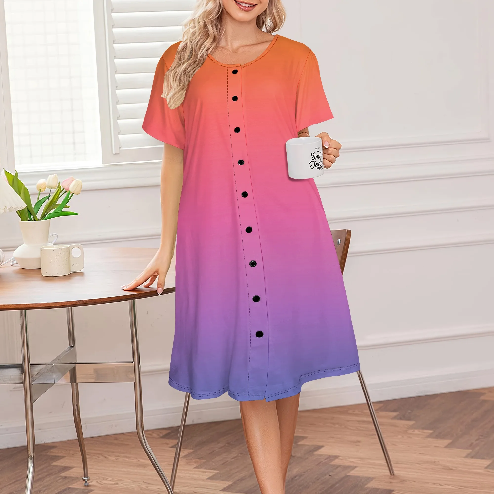 

Women's Summer Dress Ombre Print Round Neck Button Loose Breathable Midi Skirt for Farmer's Market Picnic Casual Outing