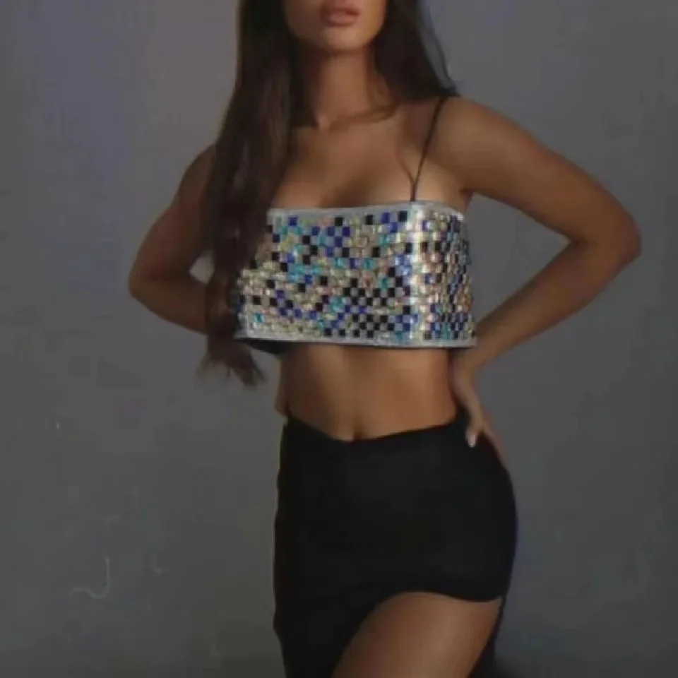

Rhinestone Split Colorful Backless Women's Vest Fashion Shiny Rhinestone Strap Hot Bra Top Nightclub Party Club Women 2023 Gift