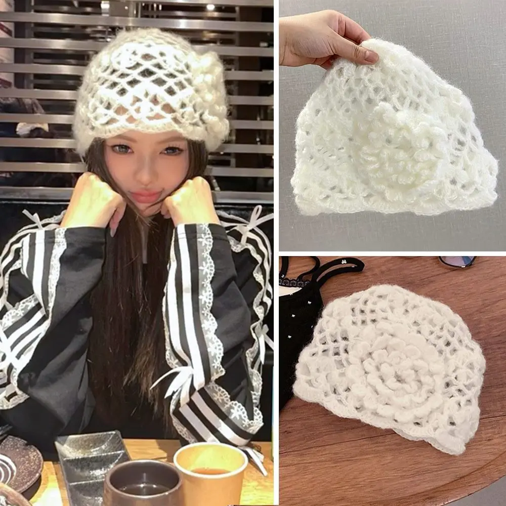 

Breathable Hollowed Out Baotou Hat Flowers Casual Beret Cap Fashion Thin Knitted Hat for Women