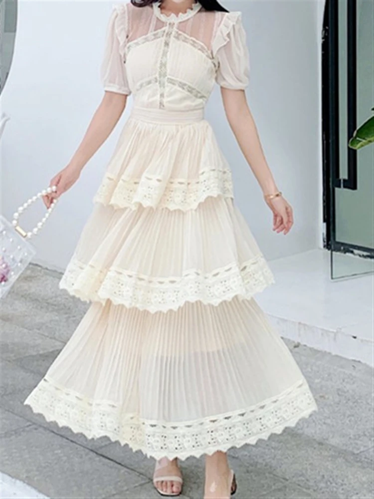 2023 Woman Lace Elegant Boho Summer Mesh Dress Solid Party Short Sleeve Sexy Dresses Women Vintage A-Line Embroidery Vestidos