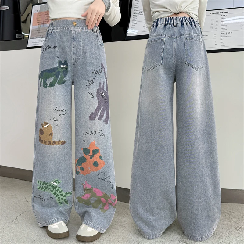 

Girls Jeans 2025 New Style Teen Children Cartoon Cat Printed Straight-Leg Denim Pants Spring and Autumn Junior Girls Trousers