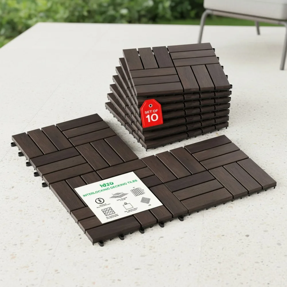 

Interlocking Deck Tiles 9.6 SQFT - Waterproof Acacia Wood Patio Flooring for Indoor Outdoor Use