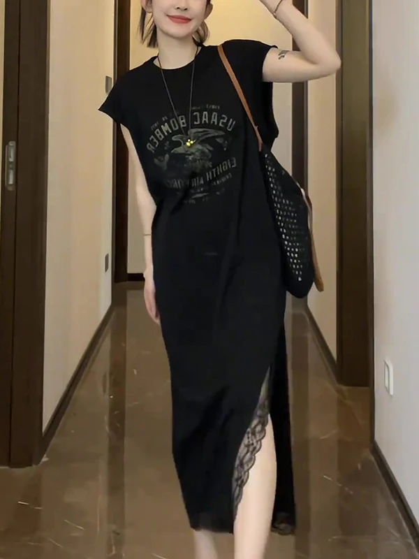 

Gtuq Ele Bla Lace Splice Long Dr Women's Summer High-End round Ne Gown Asymmetrical Hem Commute Sle Loose Fit