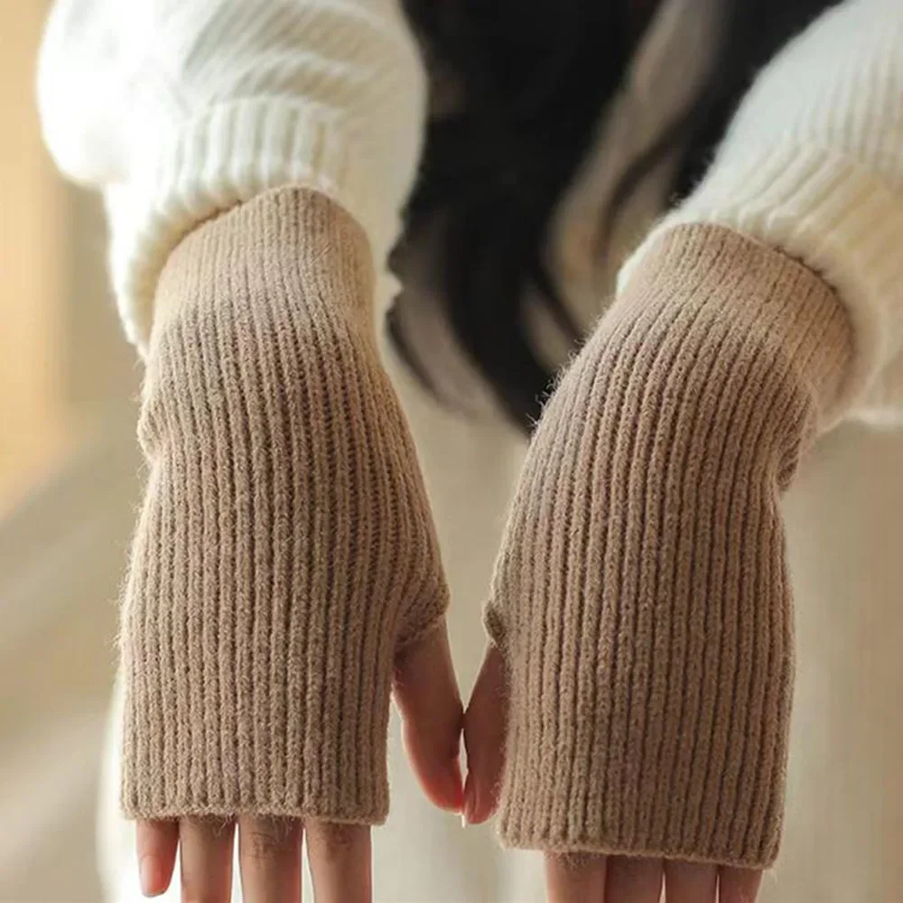 1 Pair Autumn Winter Short Arm Sleeves Half Finger Gloves For Women Solid Color Knitted Fingerless Gloves Hand Warmer Mittens