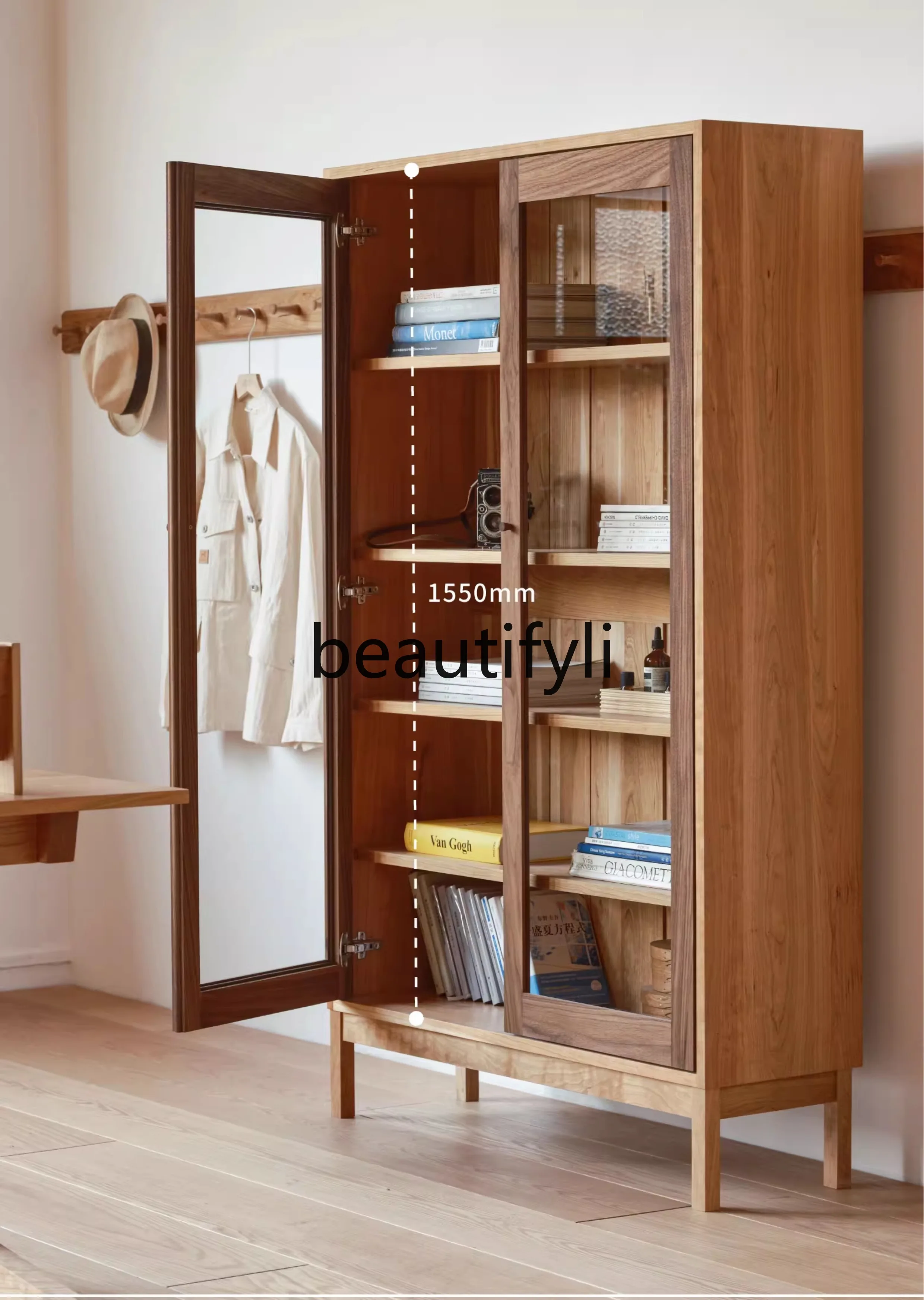 Glass bookcase contrasting color log wine cabinet display bookshelf solid wood cabinet storage cabinet