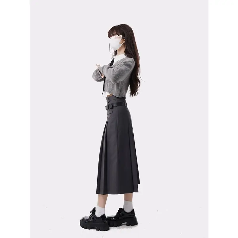 Harajuku Fashion 3 Piece Set Woman Casual Shirt + Short Knitted Sweater + High Waist Grey Midi Skirts Preppy Style Suit 2023