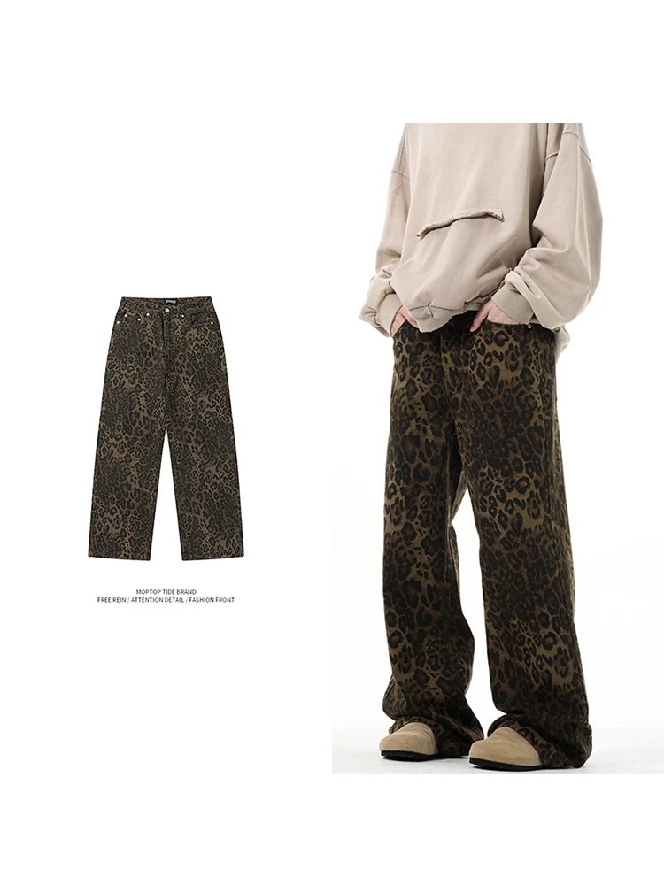 

Американские винтажные свободные мужские джинсовые брюки с леопардовым принтом, прямые, повседневные, для отдыха, молодежные, модные, хлопковые