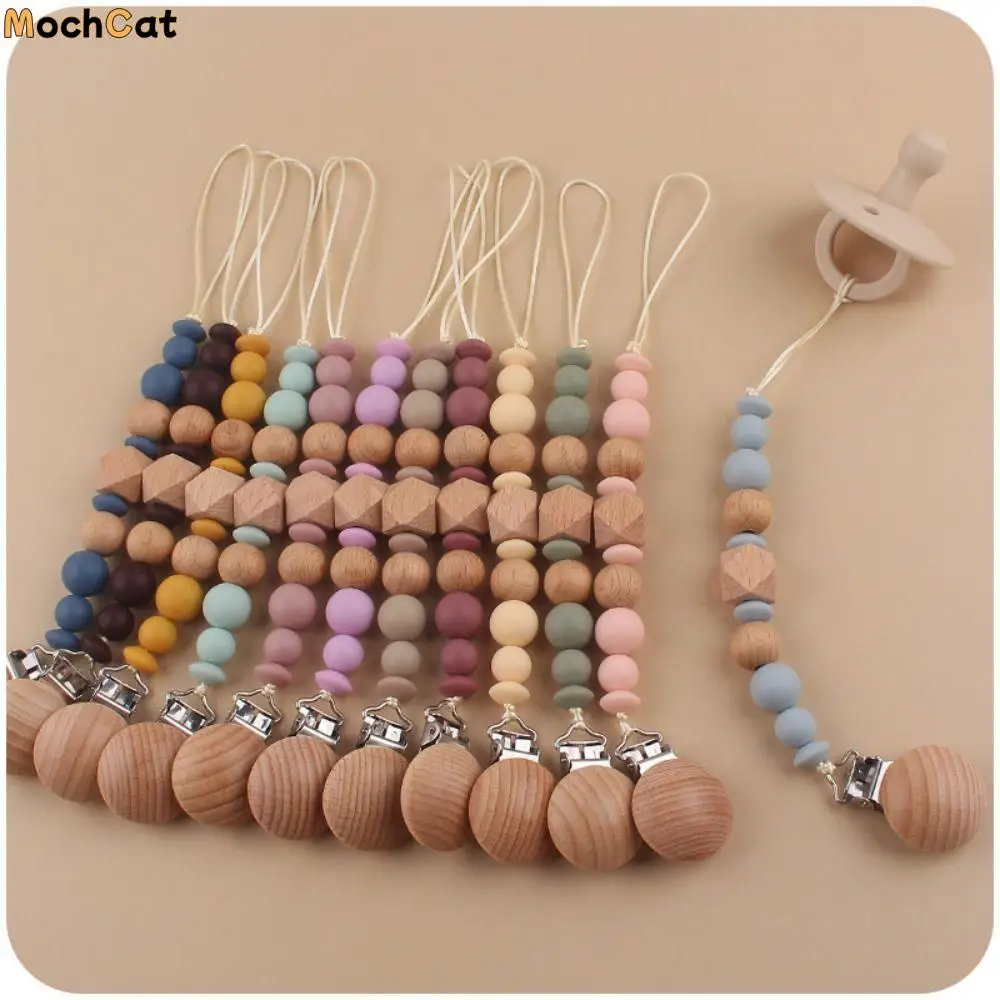 

Beech Wood Chew Silicone Bead Pacifier Clips Dummy Chain Holder Newborn Soother Chains Nipple Holder Baby Teething Toys Gifts