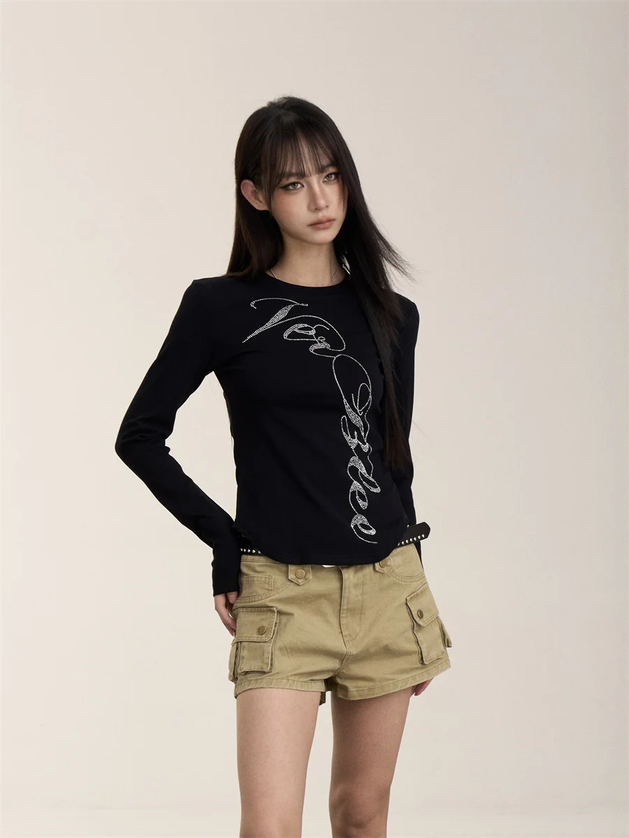 

Slim Fit Long Sleeve T-Shirt Women's Black American Retro Letter Rhinestone Short Top Shoulder Width Regular Cotton 100%