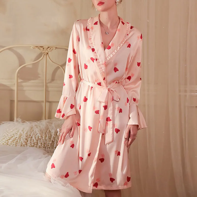 Wedding robe heart-shaped print Home ice silk pajamas women's satin pajamas home clothes bride bridesmaids morning gowns FG645