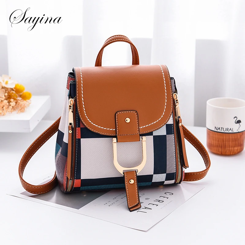 

Splicing Backpack for Women PU Leather Knapsack Teenager School Bag Leisure Lock Backpack Mochila Plaid Multi-Function Bag Pack