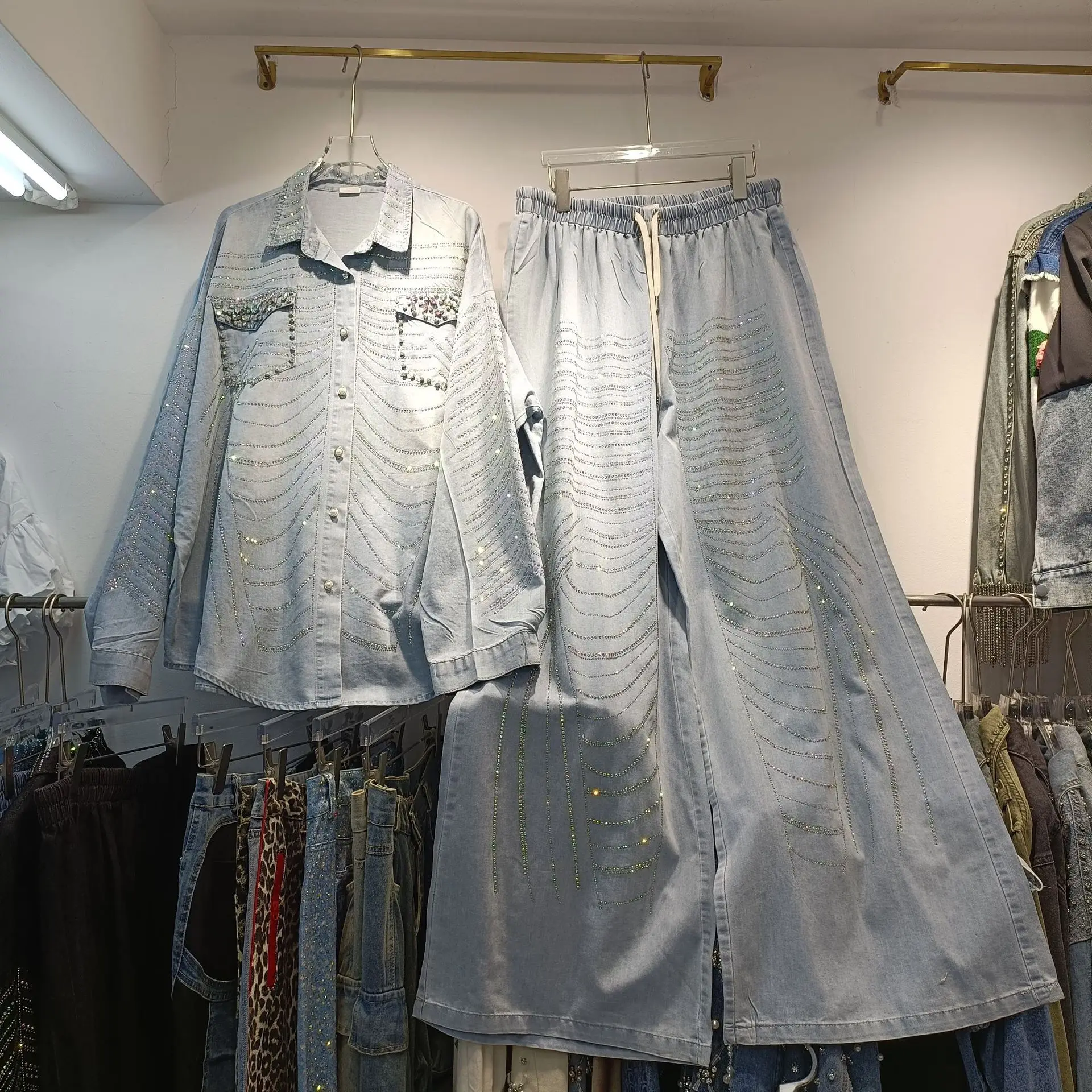 

Luxury Diamonds Washed Women Denim Sets Spring Autumn Loose Long Sleeve Cardigans Top + Drawstring Elastic Waist Wide Leg Jeans