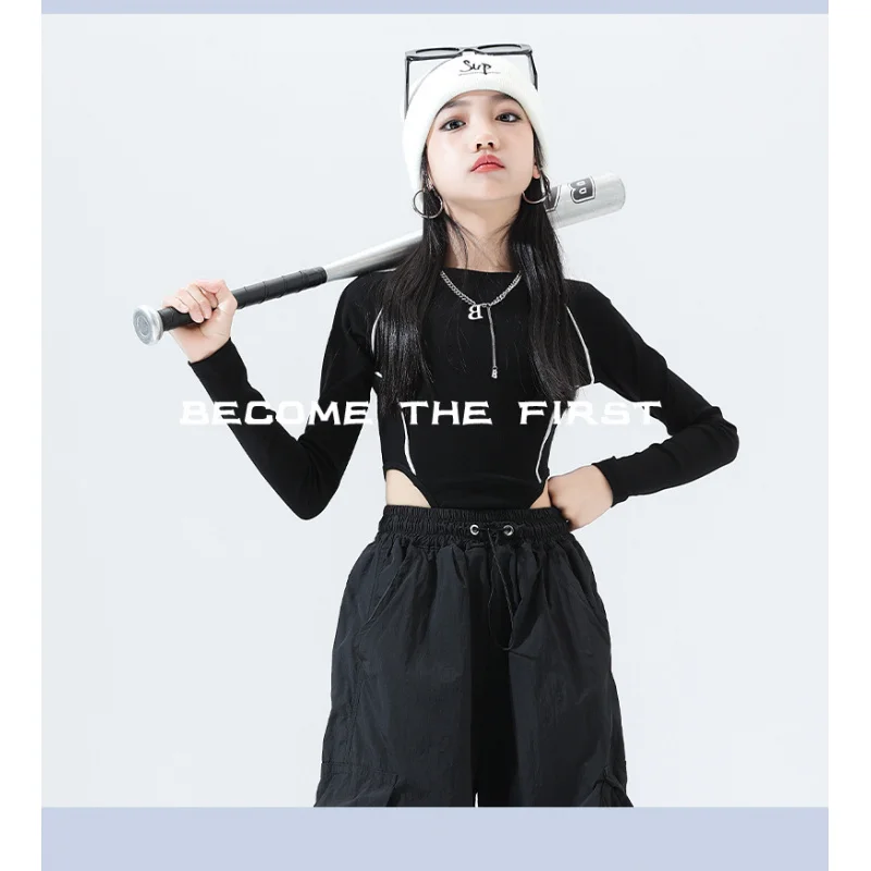 Trajes de Dança Jazz Hip Hop para Meninas Trajes de Dança Modelo Infantil Passarela Manga Longa Calças Pretas