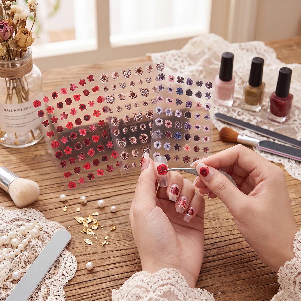3D Self Adhesive Nail Stickers Vintage Floral Rose Decals Embossed Flower Nail Art Supplies DIY Manicure Decoration Tools Gifts