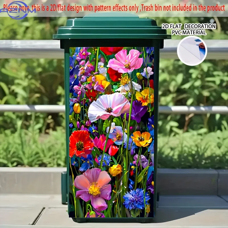 of Colorful Flower Field Self-Adhesive Stickers for Dustbins, Decorative PVC Stickers for Trash Cans, Wheelie Bin Stickers Mea