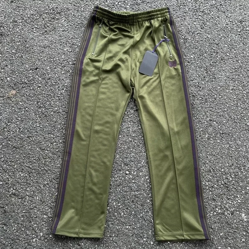 

2025ss Olive Green Butterfly Embroidery Pants Men Women 1:1 Tags Jogger Drawstring Striped Pants Casual Straight Pants