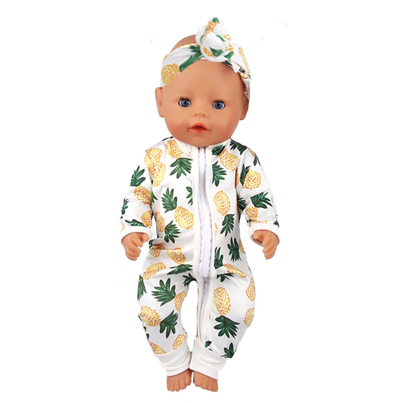 Cute 18 Inch American Doll Clothes Outfits, Pineapple Print Romper, Solid Ruffle Dresses & Headband For 43cm Baby Newborn Dolls