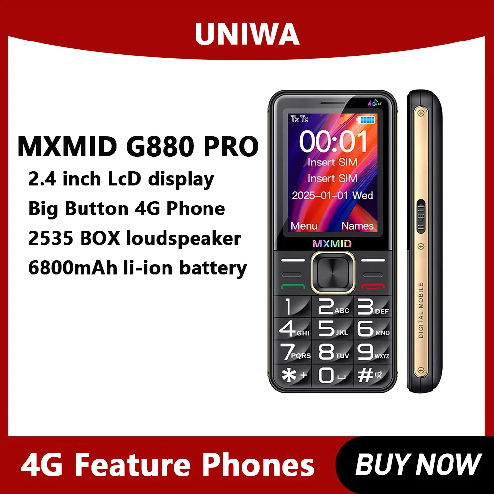UNIWA MXMID G880 PRO 4G Feature Phone Russian Keyboard for Elder 2.4 Inch LCD Fronts Big Volume Big Flashlight 6800mAh Battery