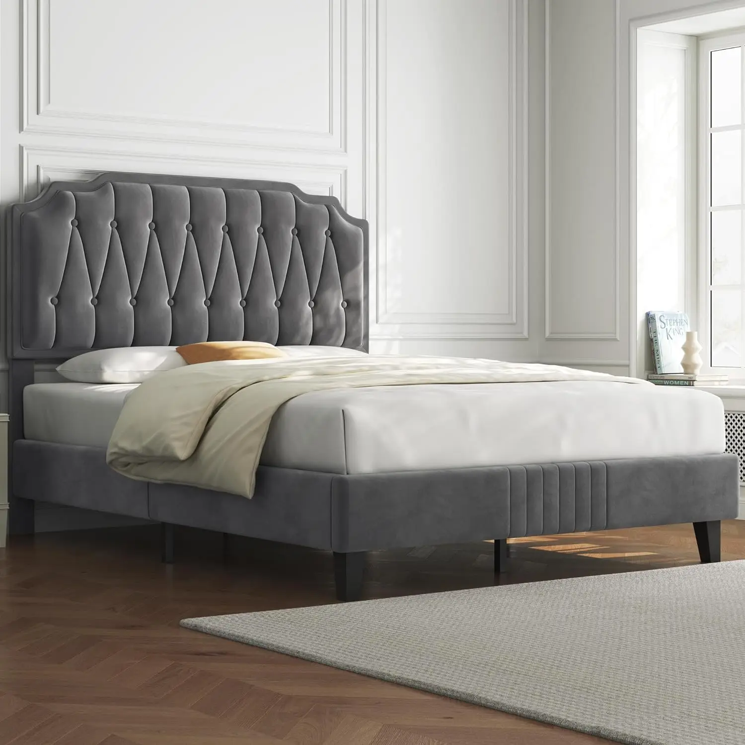 Bed Frame Velvet Upholstered Platform Bed, Height-Adjustable Headboard/Noise-Free/Wooden Slats Support/No Box Spring