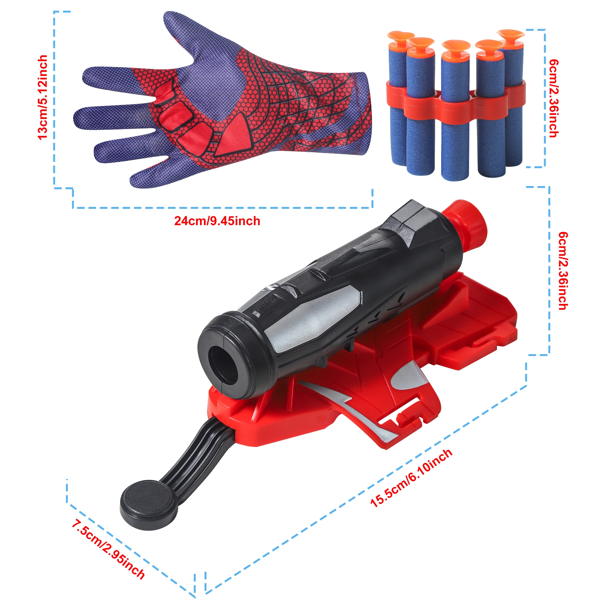 Halloween Gloves Web Shooter Toy 15 Darts Plastic Cosplay Launcher Glove Hero Movie Launcher Wrist Set Sticky Wall Foam Darts view 6