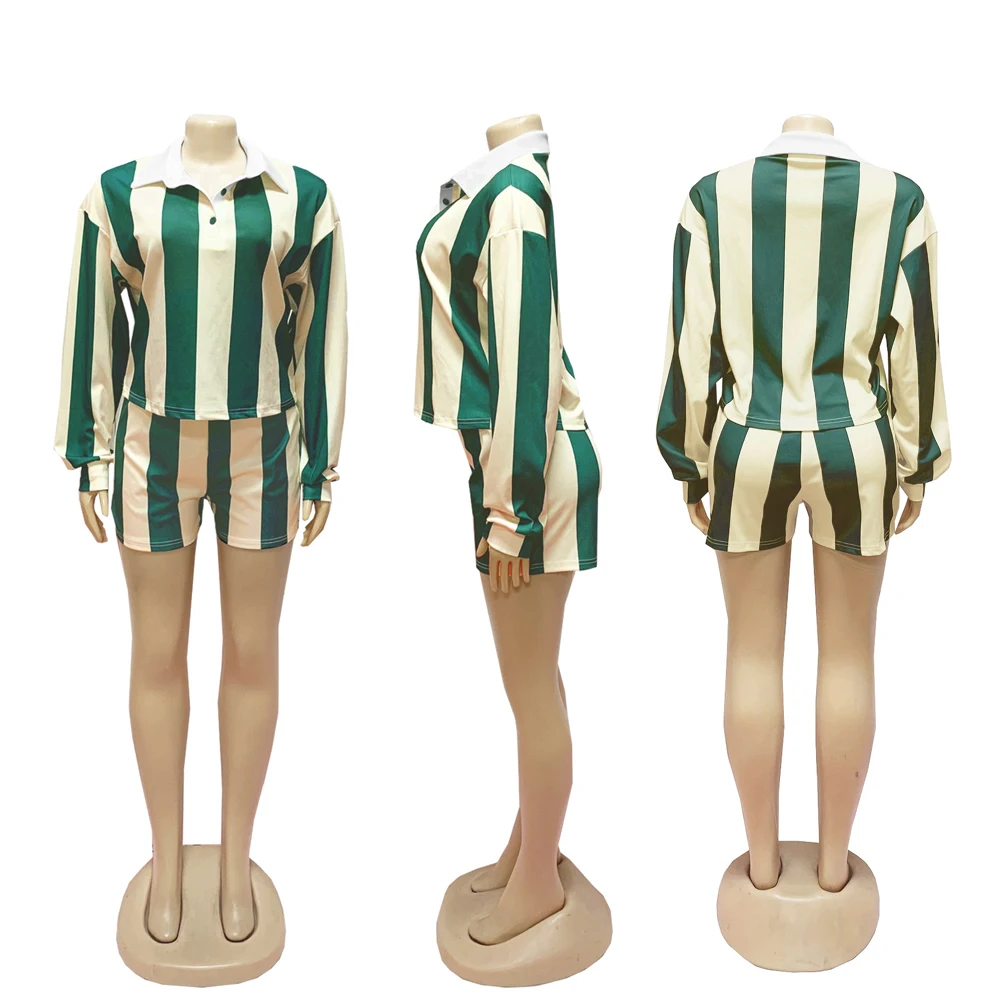 Damenbekleidung, modisch, gestreift, langärmelig, Polo-Ausschnitt, T-Shirt und Shorts, 2022, Frühling, Sommer, 2-teiliges Set, Trainingsanzug – Detail 17