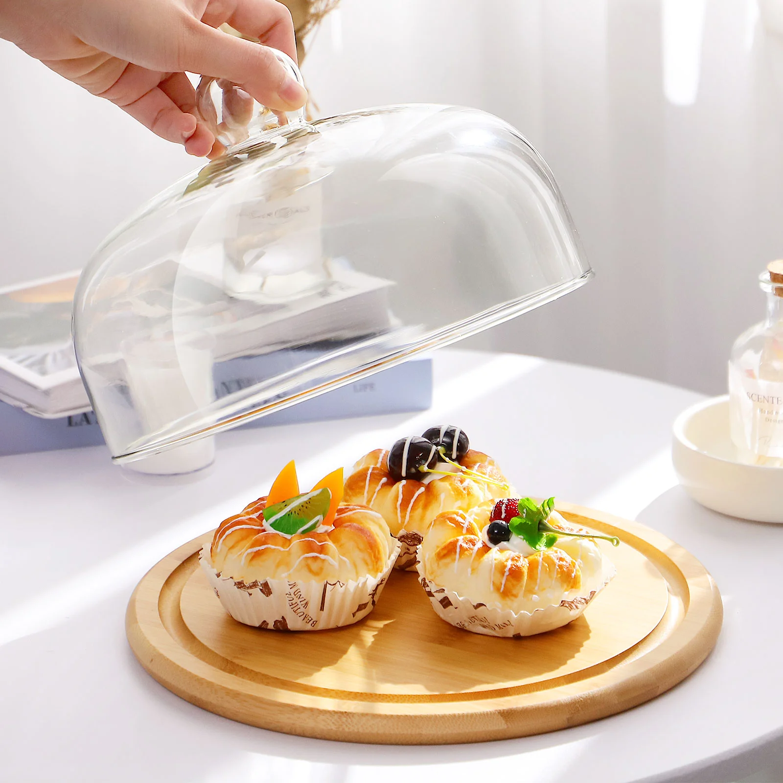 Cake Display Tray Cakes Serving for Pastries Holder Wood Server Platter Stand with Dome Cover Dessert Glass Plate