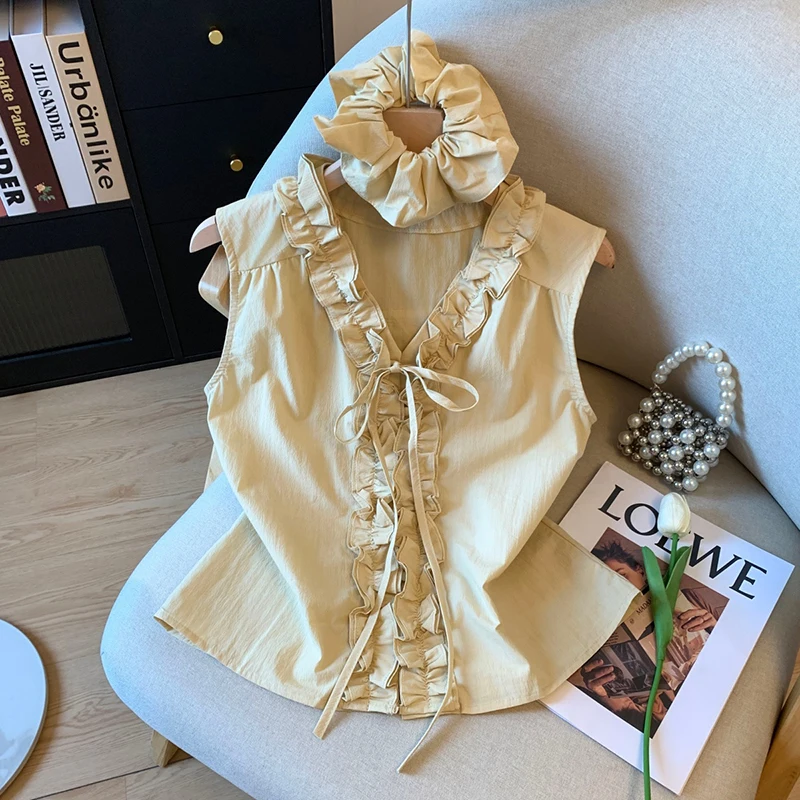 

MEXZT Elegant Bow Shirts Women Fashion Ruffles Patchwork Blouses Summer Korean V Neck Lace Up Sleeveless Casual Design Tops New