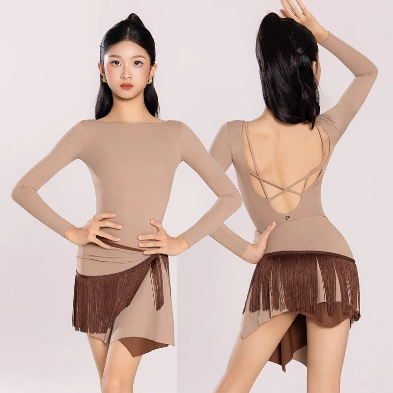 Vestido de baile latino para niñas, ropa de manga larga, conjunto de falda con flecos, traje de competición de baile Cha-cha de salón para niños, Ropa de baile