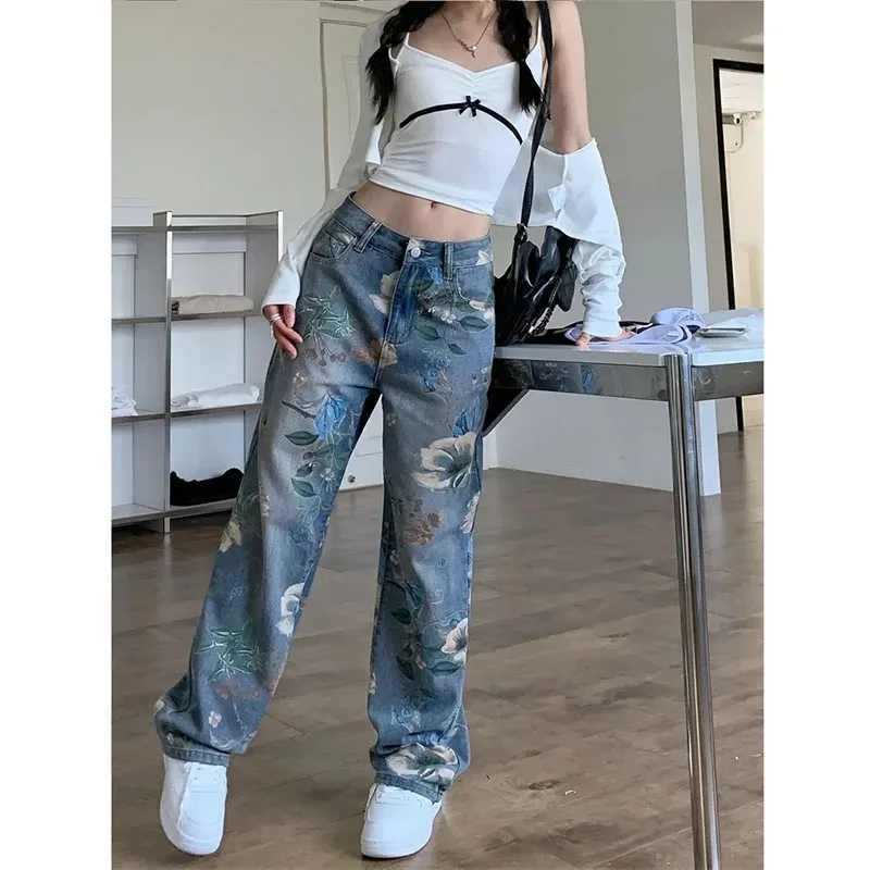 Jeans alla moda a gamba larga stampati da donna, design slim a vita alta di grandi dimensioni, pantaloni da pavimento con tasca dritta con cerniera