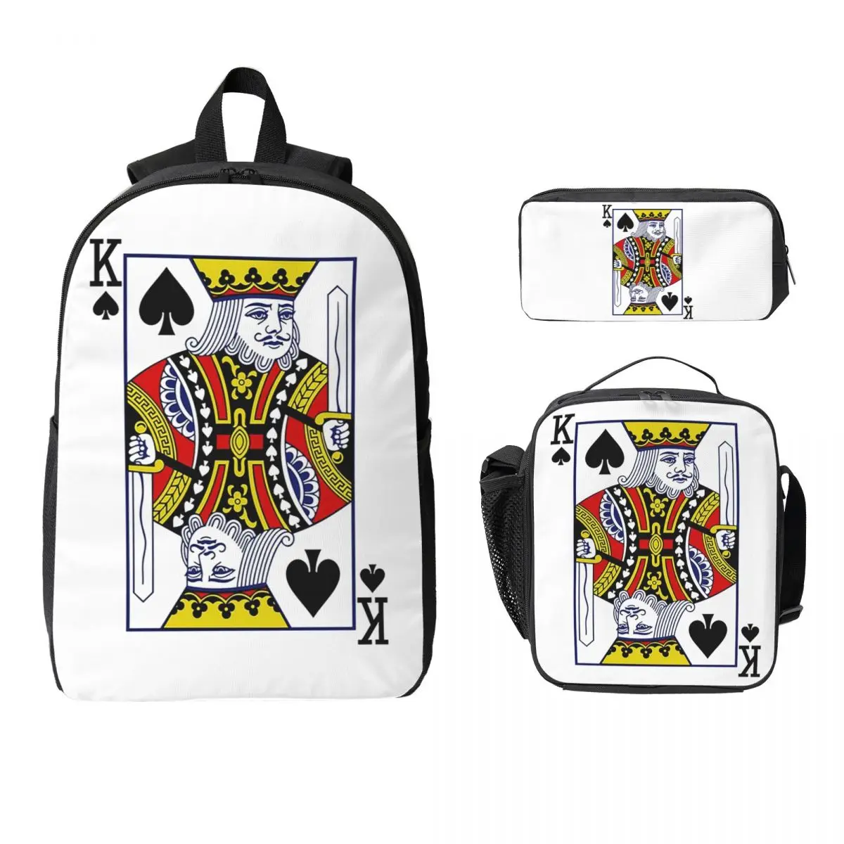 King Of Spades Playing Card Backpack Boys Girls BookBag School Bag Computer Shoulder Bags 3ps Insulated Lunch Bag Pencil Case