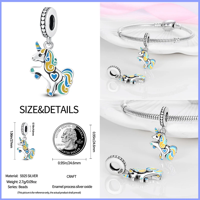 925 Sterling Silver Rainbow Heart Horse Unicorn Charm Beads per Pandora 925 bracciale originale Fashion fai da te Fine Jewelry Gift