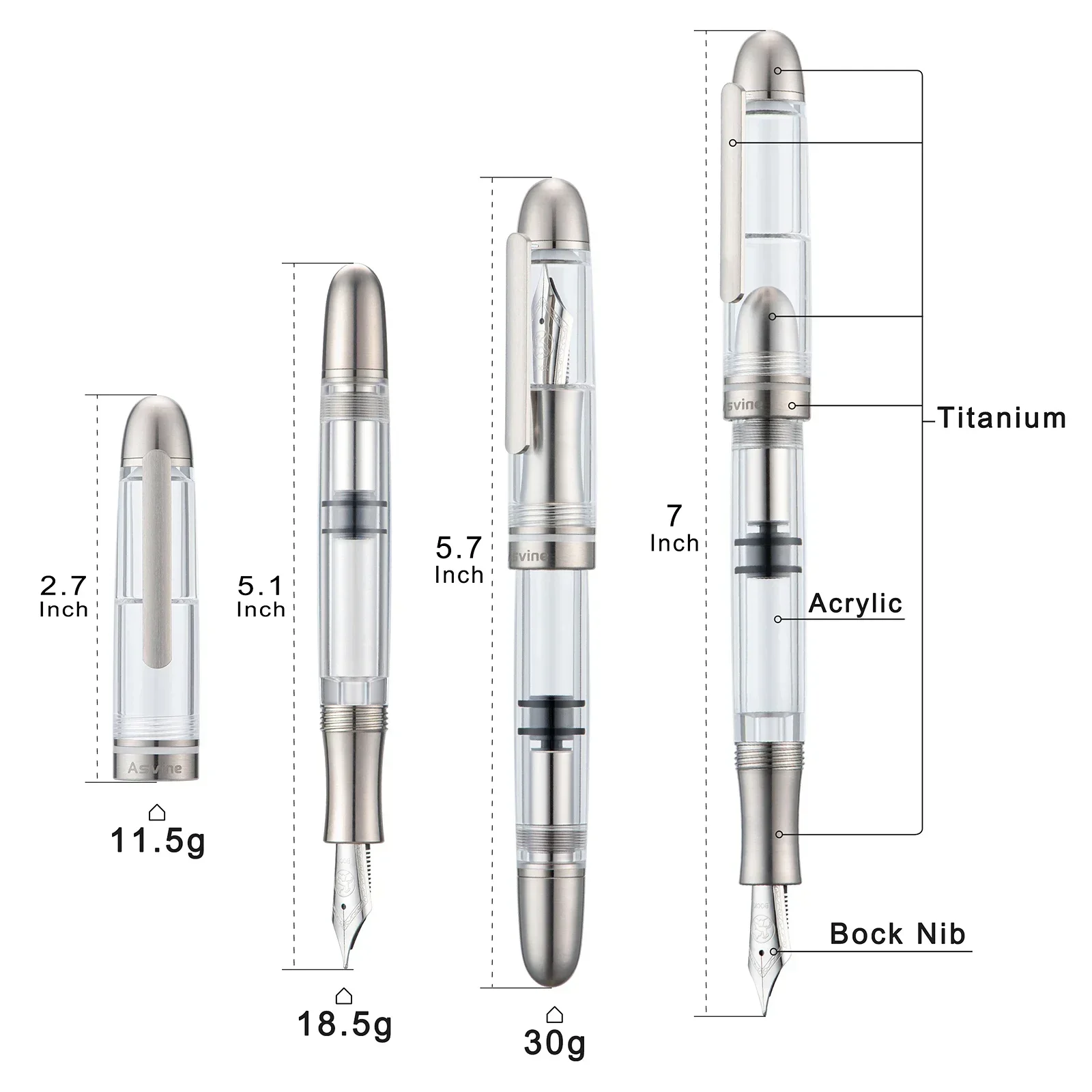 Imagem -04 - Asvine P36 Piston Filling Fountain Pen Nib ef f m Titânio e Acrílico Escrita Suave Caneta Presente de Escritório