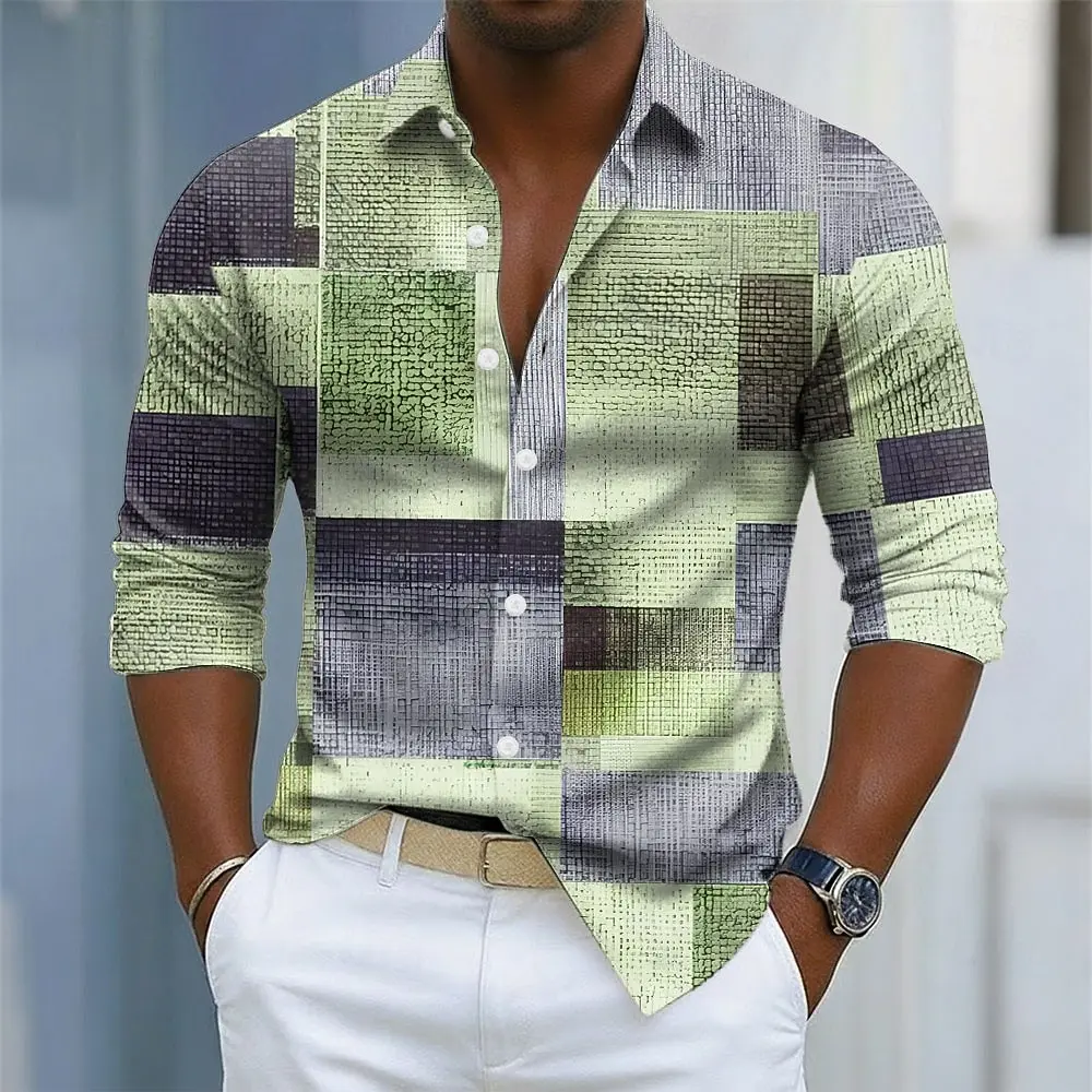 เสื้อเชิ้ตผู้ชายลายตารางเรขาคณิตสีสันสดใส แขนยาว แฟชั่นลำลอง สไตล์ฤดูใบไม้ร่วง พิมพ์ลาย 3 มิติ ปกเสื้อเชิ้ตติดกระดุม